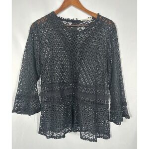 Hazel Open Knit Crochet Eyelet Overlay Top Size L Black Whimsigoth Fairy Grunge